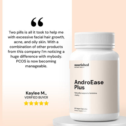 Testimonial for AndroEase Plus — effective support for hormonal acne, excess hair growth, and mood balance